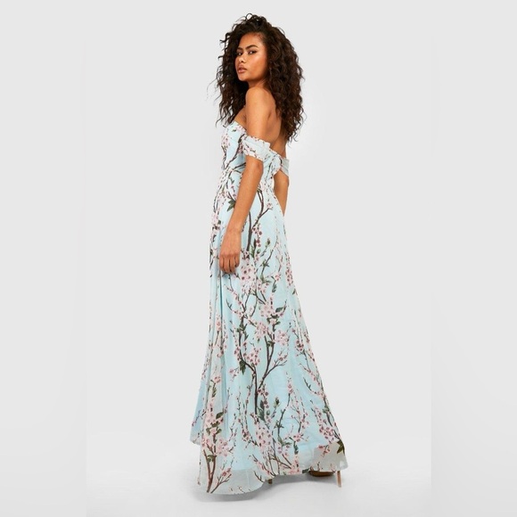🆕 NWT Boohoo blue floral cherry blossom printed off the shoulder maxi dress - Picture 2 of 12